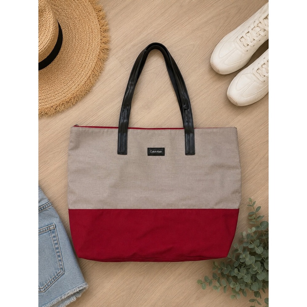 Calvin Klein Tote Bag Grey Red Colorblock Canvas Zip Top Shoulder Bag
